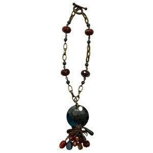 Vintage Stephen Dweck Bronze Medal Semi-Precious Necklace w/Hematite Medallion